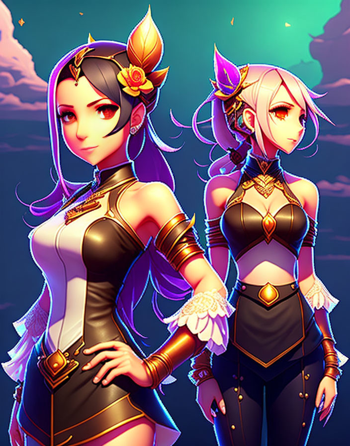 Stylized female characters in fantasy attire against dusk sky.