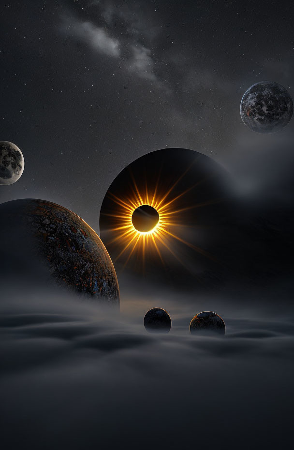 Surreal cosmic scene: solar eclipse, moons, celestial bodies, starlit sky.