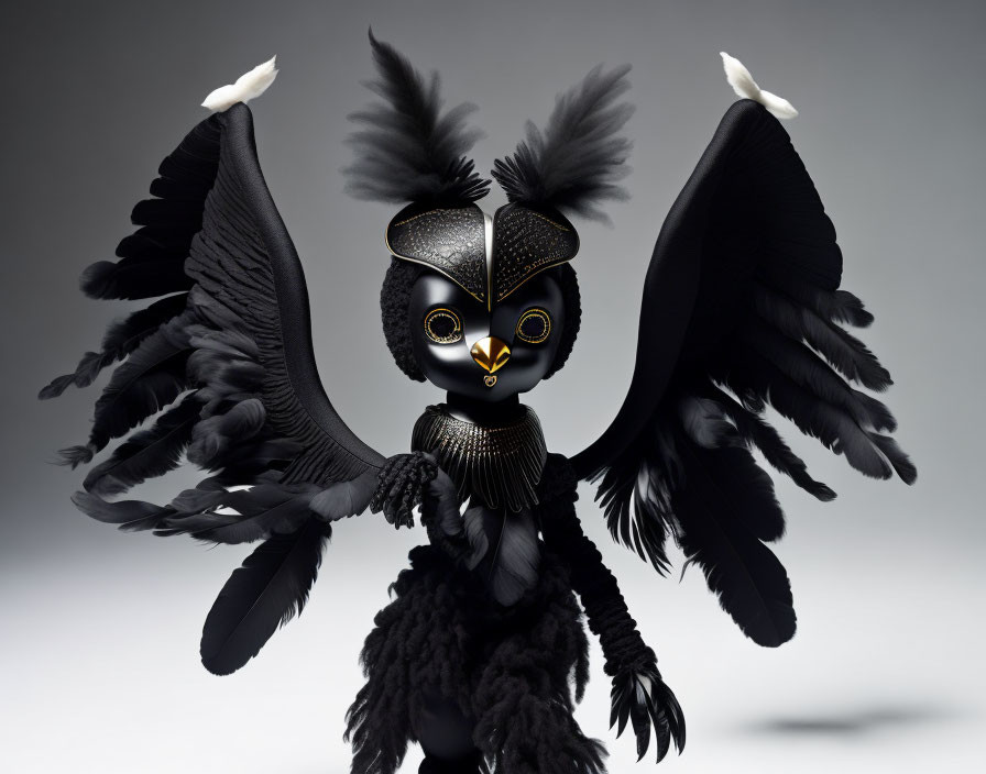 Bird-like figure with black feathers, beaked mask, and outstretched wings on grey background