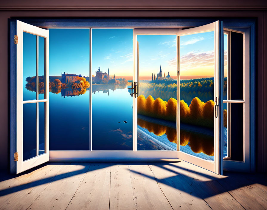 Scenic view of calm lake with castle and autumn trees through open white double doors