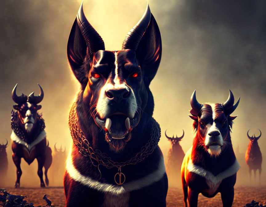 Digital Artwork: Three Dogs with Bull-like Horns in Dramatic Setting