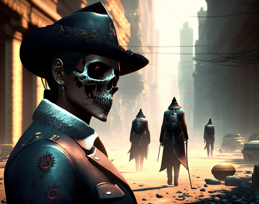 Skeletons in Western-style attire on sunlit street