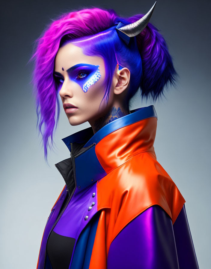 Vibrant purple hair, horn accessory, blue facial graphics, colorful futuristic jacket