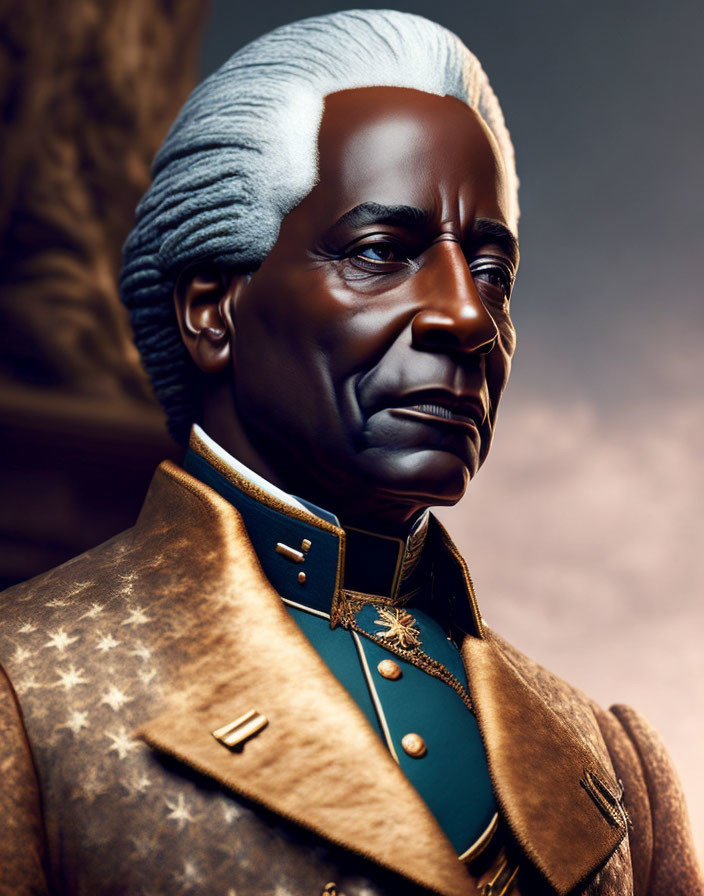 Digital artwork: Modern depiction of person in George Washington attire with dark skin
