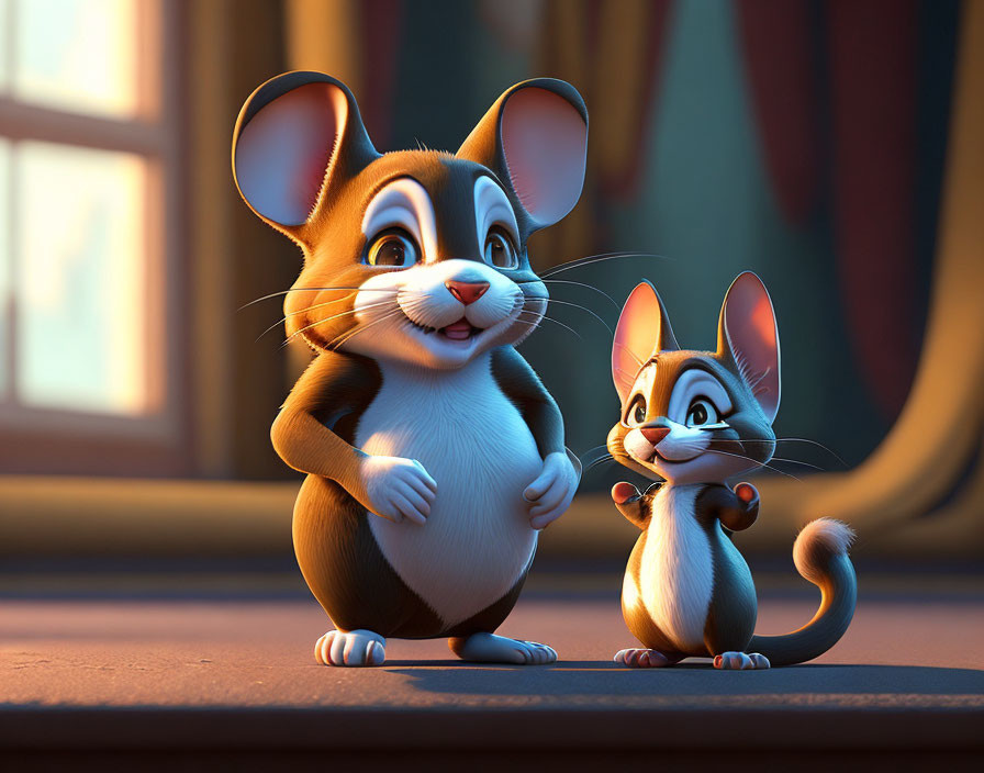 Two animated mice in warmly lit room, one large with gentle expression and the other small with curious smile