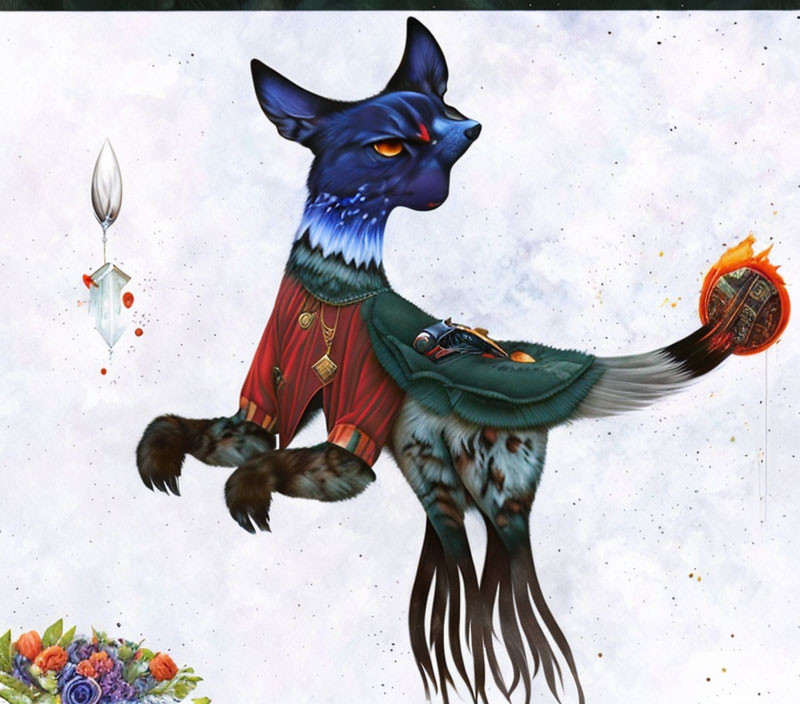 Fox-headed creature in ornate attire on whimsical backdrop