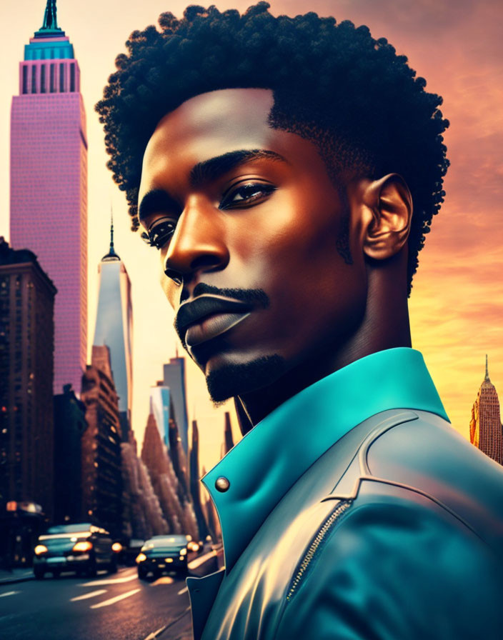 Stylized portrait of man with afro in teal jacket against NYC sunset street.