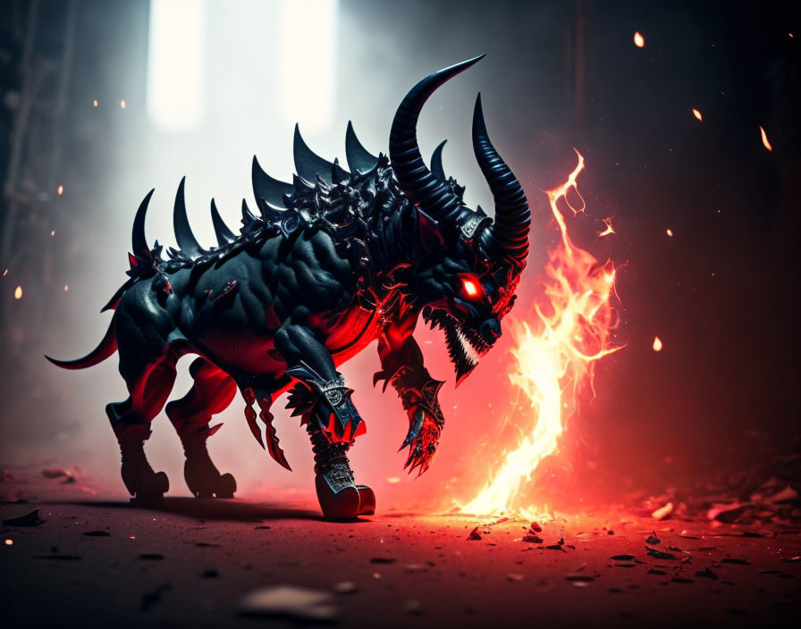 Horned monster in black armor breathing fire in dim setting