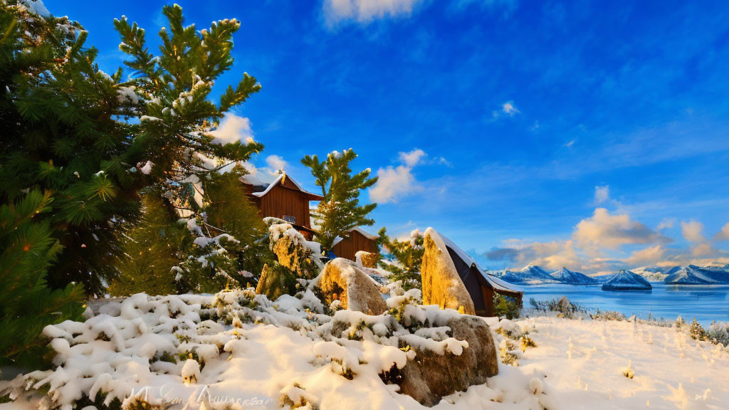 Snowy landscape with pine trees, cabins, lake, mountains, and blue sky with clouds