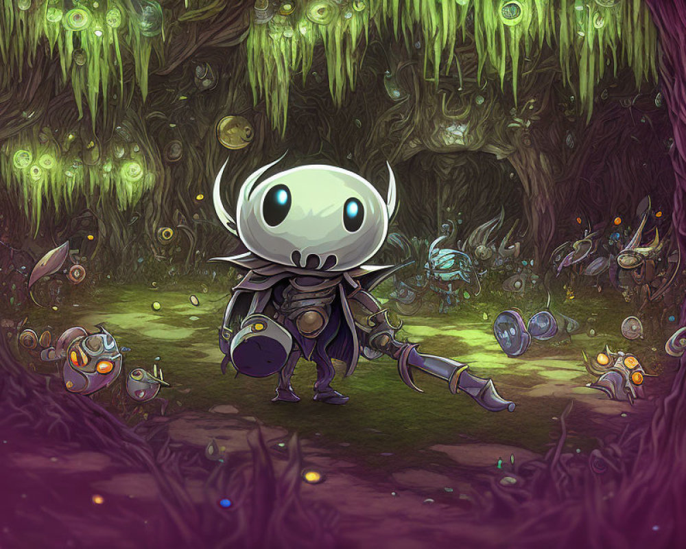 Armored character with large-eyed helmet in mystical forest with creatures