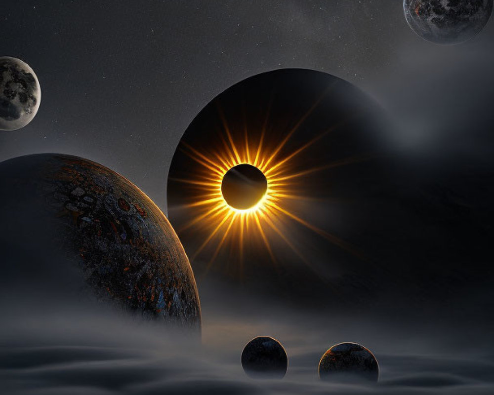 Surreal cosmic scene: solar eclipse, moons, celestial bodies, starlit sky.