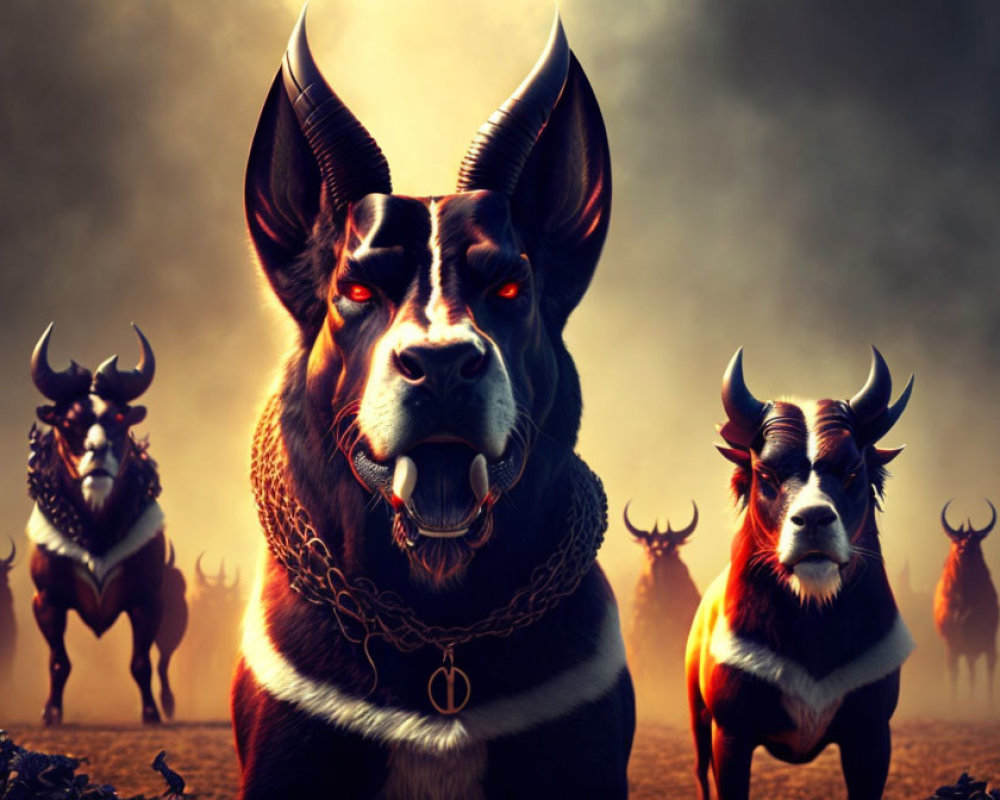 Digital Artwork: Three Dogs with Bull-like Horns in Dramatic Setting