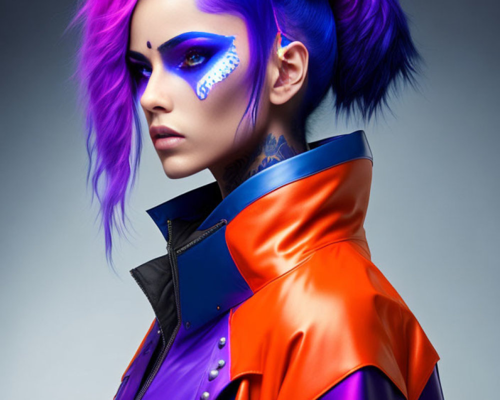 Vibrant purple hair, horn accessory, blue facial graphics, colorful futuristic jacket