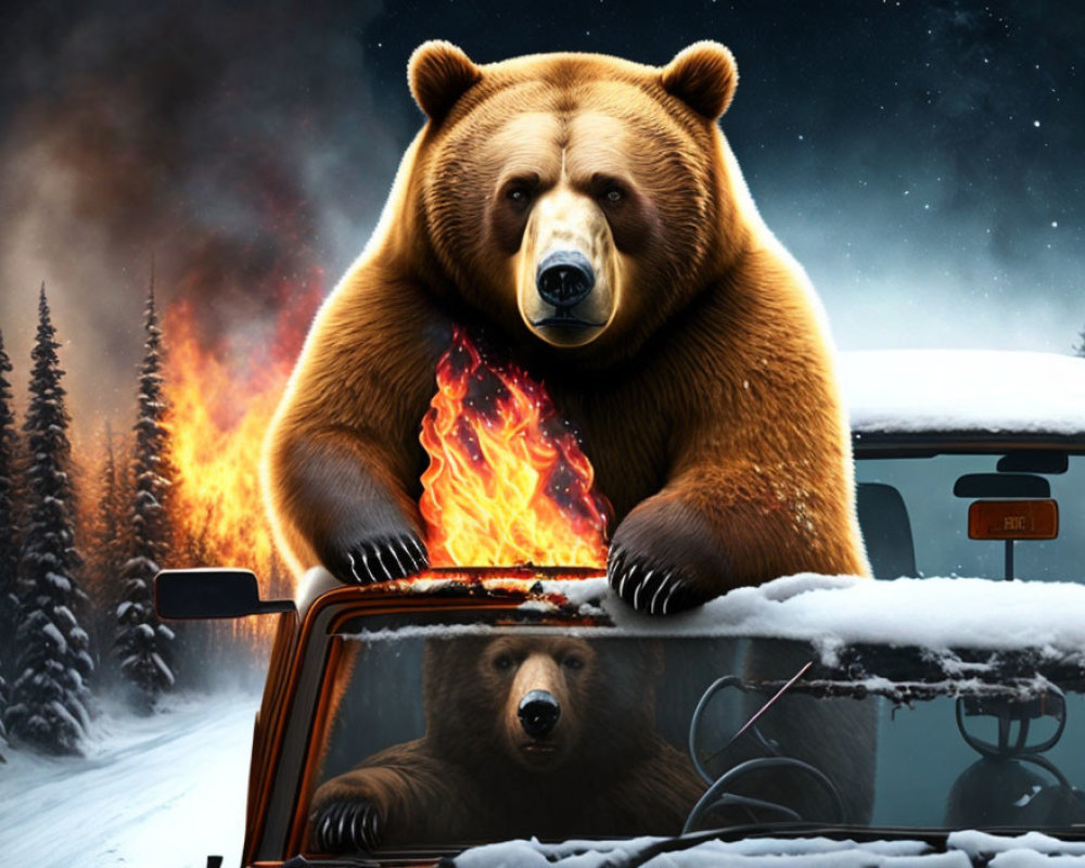 Giant brown bear near car on snowy road with fire, smoke, and reflection.