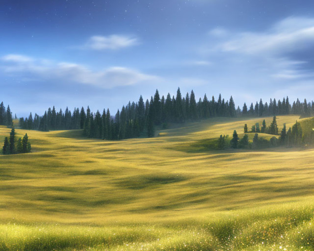 Full Moon Nighttime Landscape with Meadow, Flowers, and Pine Trees