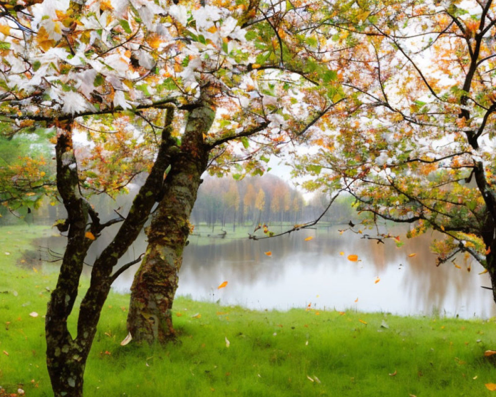 Tranquil autumn lake scene with colorful leaves and misty ambiance