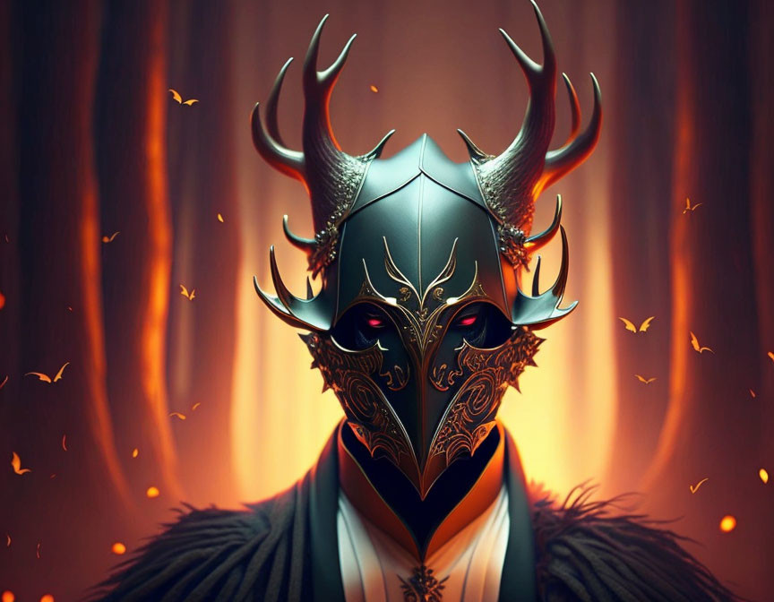 Intricate mask with antlers on fiery background and cloaked figure