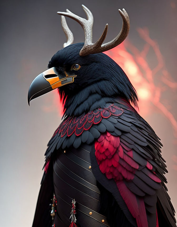 Fantastical creature with raven body and deer antlers on reddish background