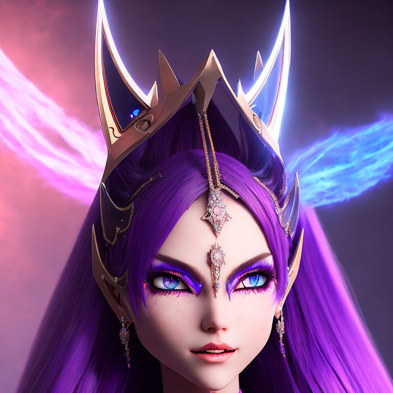 Fantasy character portrait with purple hair, glowing blue eyes, golden crown