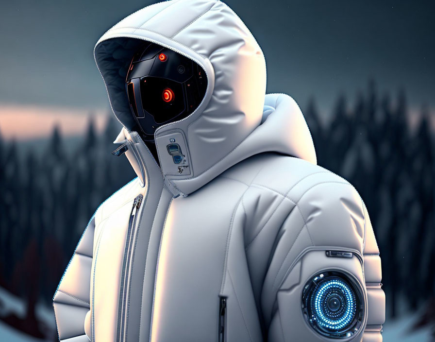 Futuristic humanoid figure with robotic head in hi-tech jacket in wintry forest