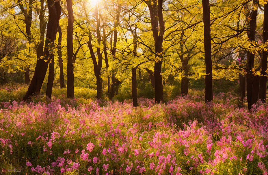 Vibrant forest with golden treetops and pink wildflowers