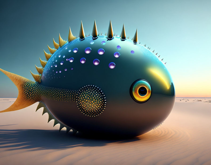 Colorful 3D illustration of spiky fish in twilight setting