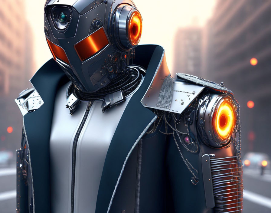 Detailed Futuristic Robot with Glowing Orange Eyes in Urban Setting