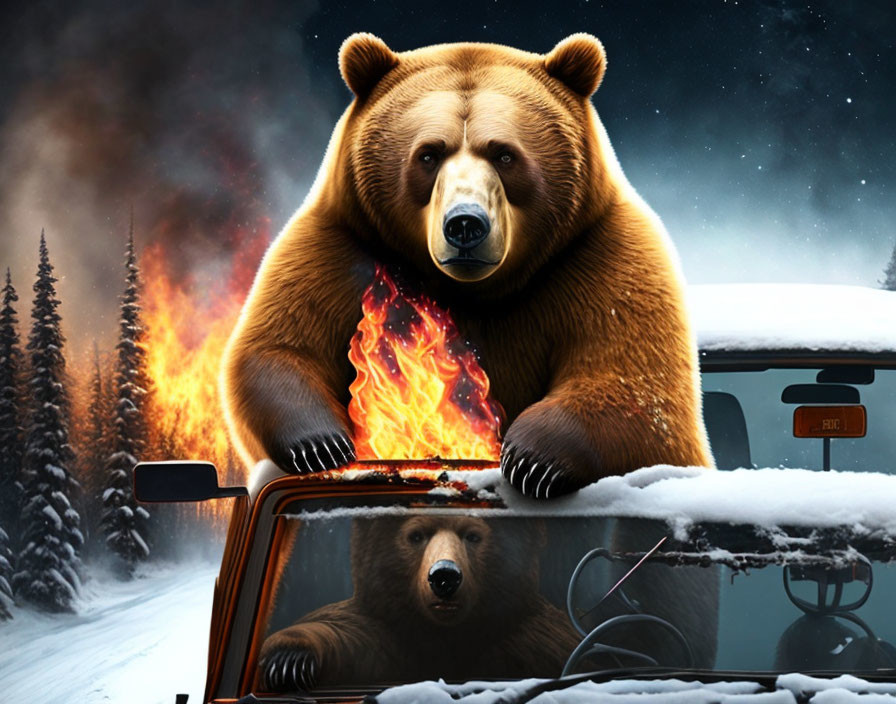 Giant brown bear near car on snowy road with fire, smoke, and reflection.