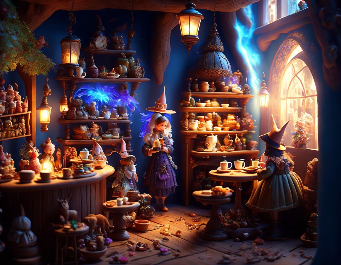 Enchanted miniature shop with warm lighting and whimsical wizarding wares