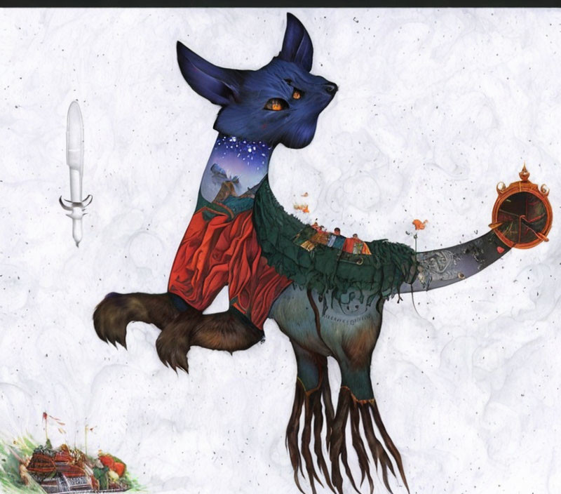 Fantastical creature with fox-like head and vibrant colors in whimsical setting