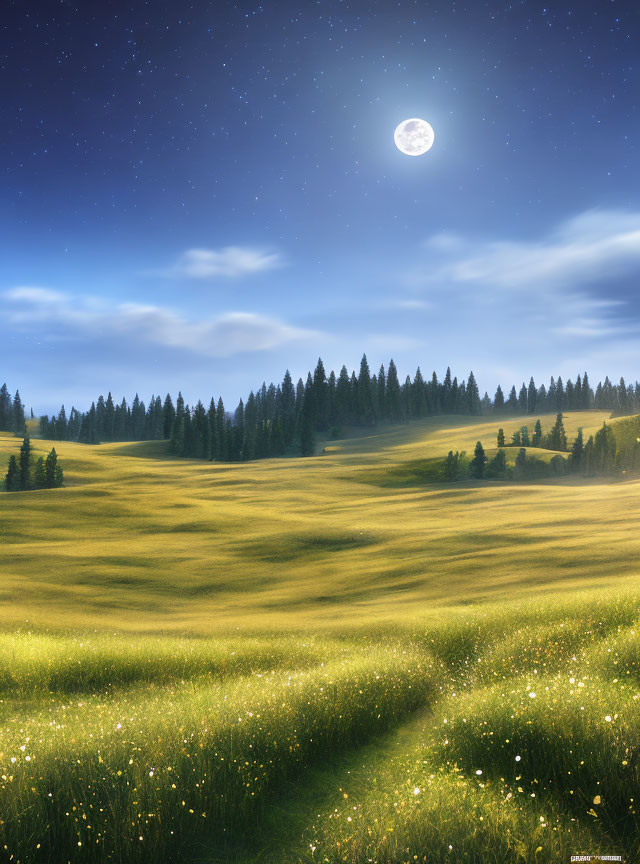 Full Moon Nighttime Landscape with Meadow, Flowers, and Pine Trees