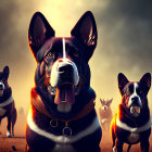 Digital Artwork: Three Dogs with Bull-like Horns in Dramatic Setting