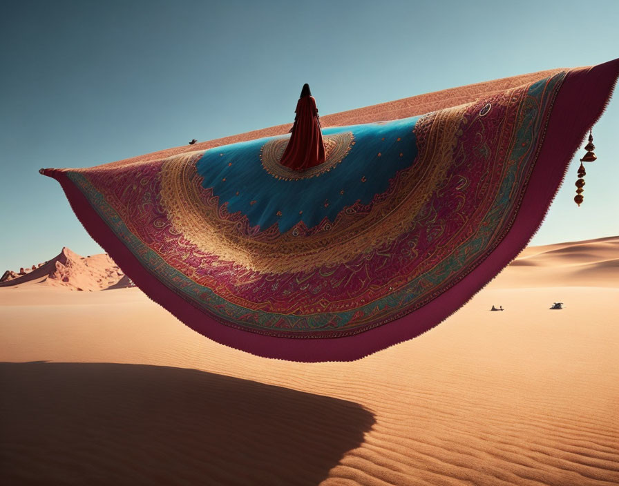 Desert landscape with flying carpet and people below