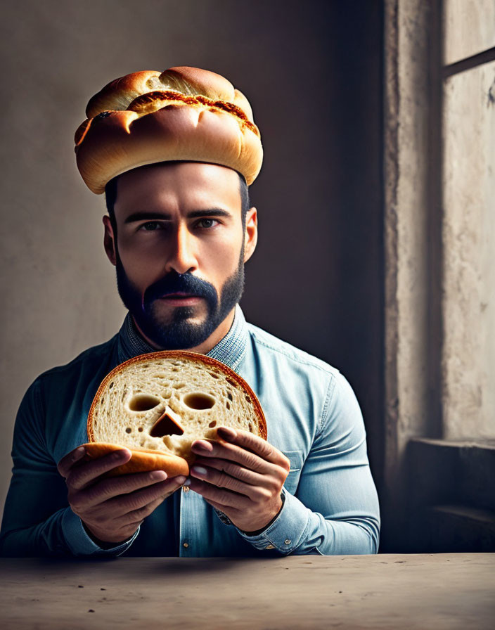 Serious man holding bread slice with face, wearing bread loaf hat at table