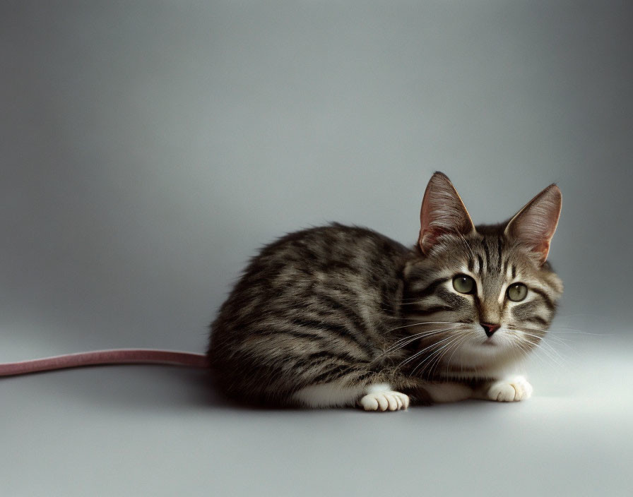 Striped cat with prominent whiskers and pointed ears crouching on plain surface