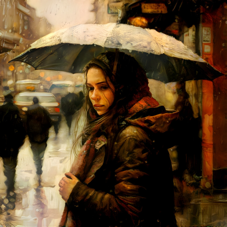 Rainy city nostalgia, in the style of Rembrandt