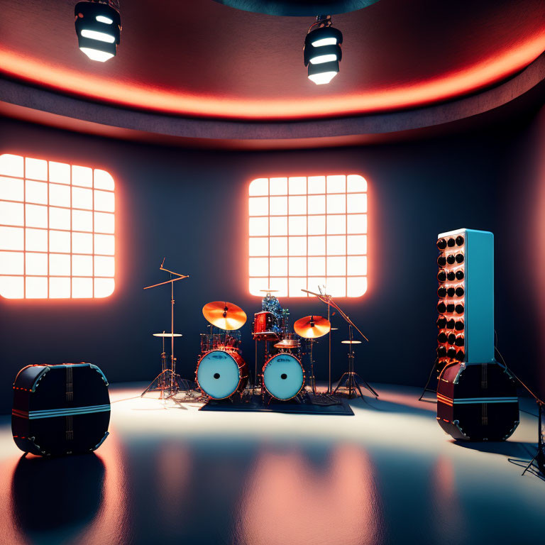 Vibrant red and blue music studio with drum set, guitars, and amplifiers