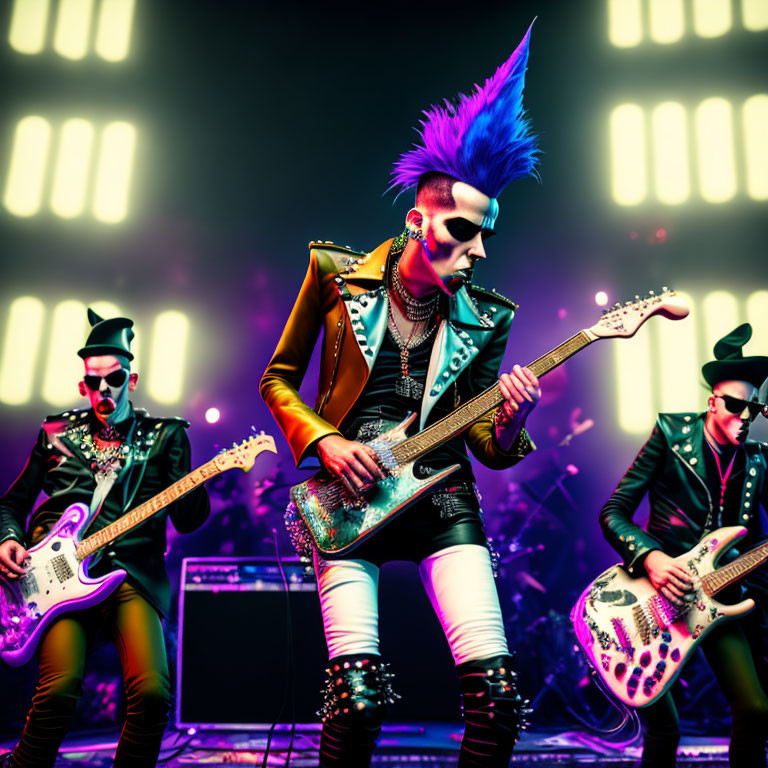 Colorful Mohawk Punk Rock Musicians in Leather Outfits Perform on Stage