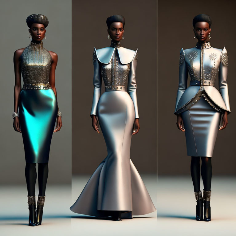 Futuristic metallic dress with high collar and studded details poses.