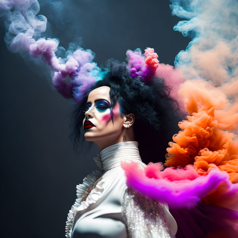 Colorful Smoke Plumes Surround Dramatic Makeup and Voluminous Hair