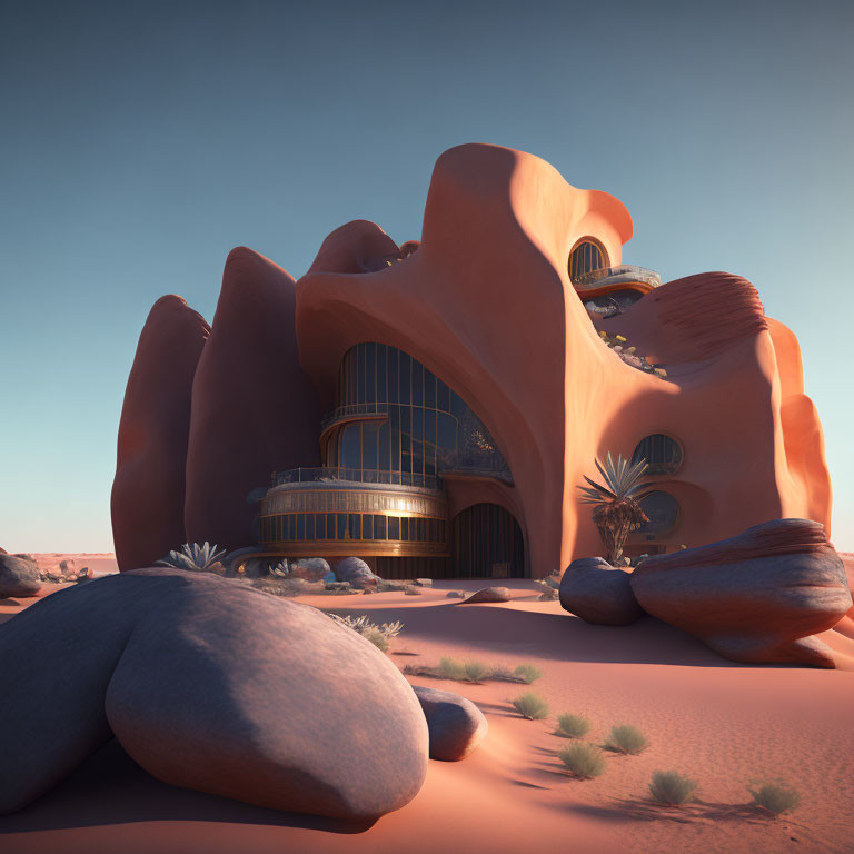 Surreal desert landscape with modern building in sandy dunes