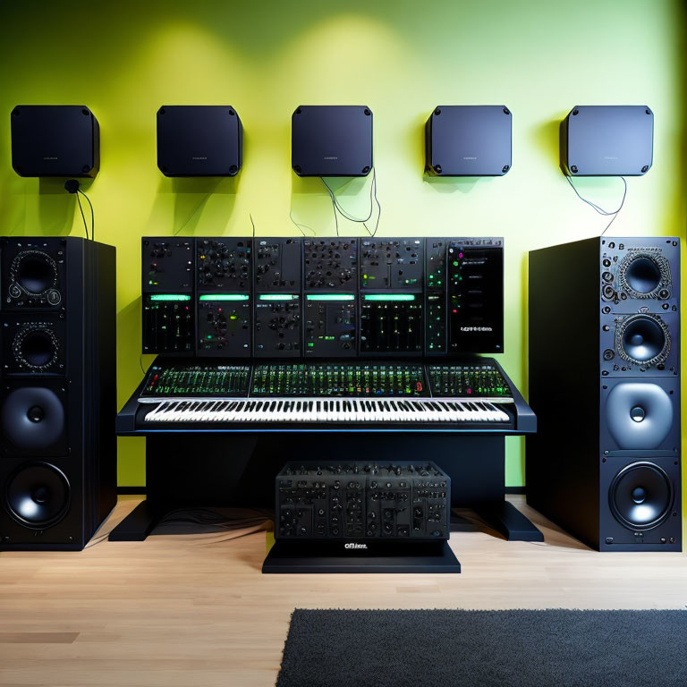 Keyboard, Audio Interface, Rack Equipment, Studio Monitors on Green-Yellow Wall