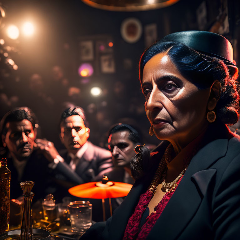 Stern woman in teal hat at dimly lit bar with three men watching