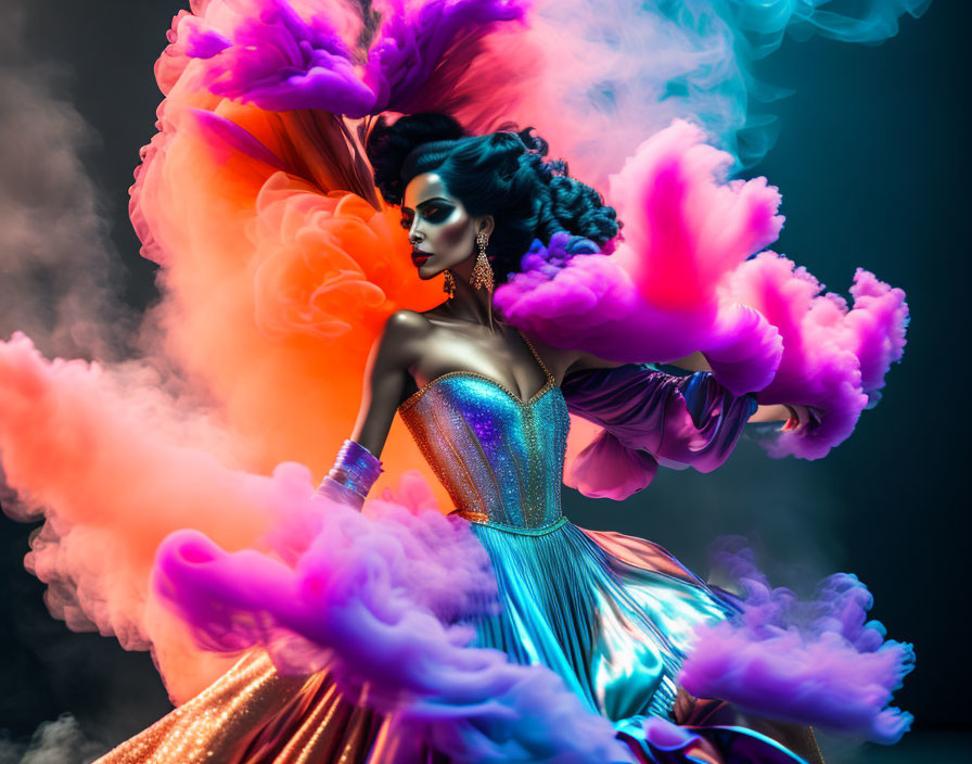 Vibrant pink and purple smoke around a woman in sparkly blue dress