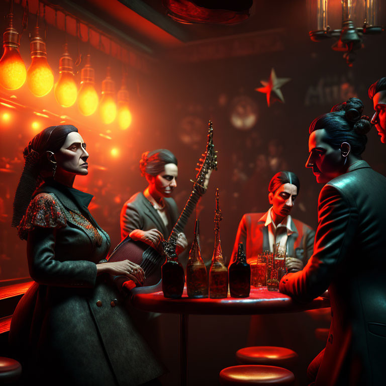 Dimly-lit bar scene with four stylized characters in moody setting