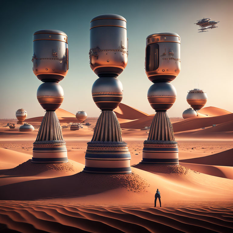 Futuristic desert landscape with towering structures and flying vehicle