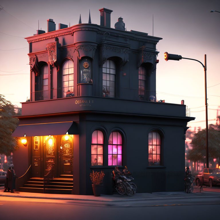 Ornate two-story corner building at dusk with pink glowing windows, motorcycle, and streetlight