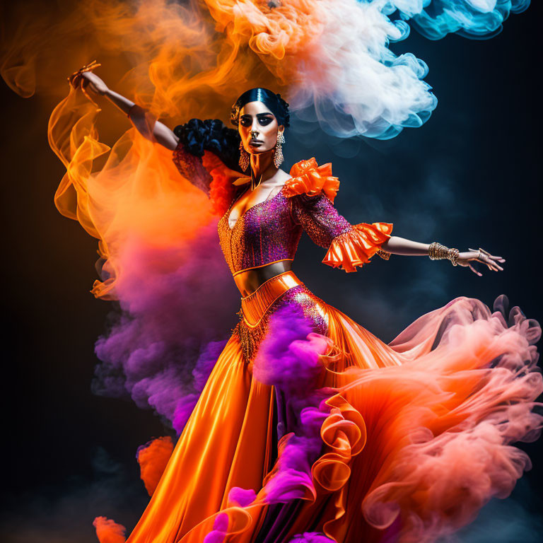 Colorful Woman in Orange and Purple Dress with Smoke Swirls