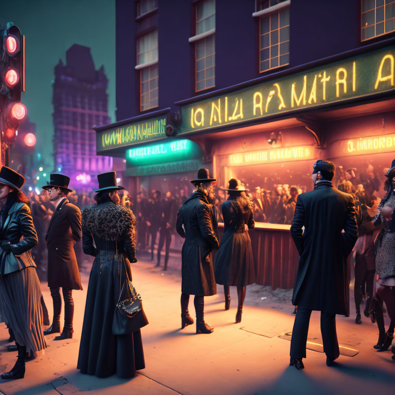 Vintage Clothing Gathering Outside Theater at Night Under Neon Glow