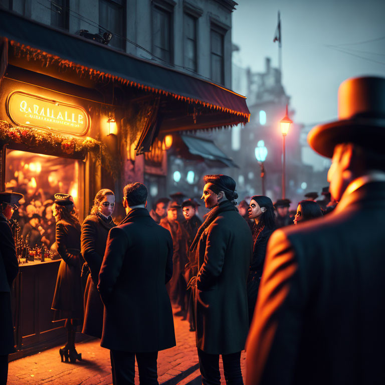 Busy Evening Street Scene with Man in Coat and Hat at Illuminated Café